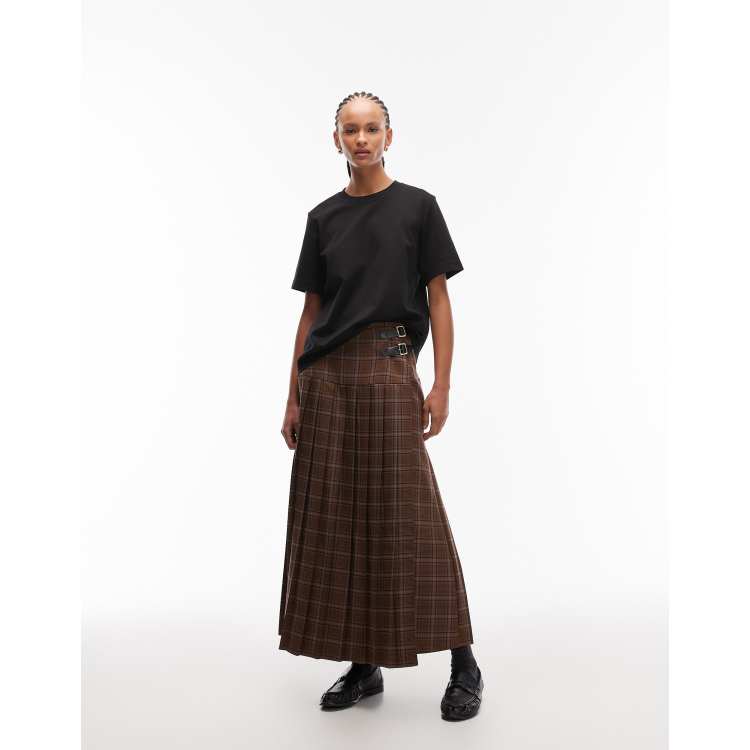 ASOS DESIGN buckle detail pleated kilt midi skirt in blue check | ASOS