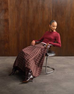 Asos Design Buckle Detail Pleated Kilt Midi Skirt In Brown