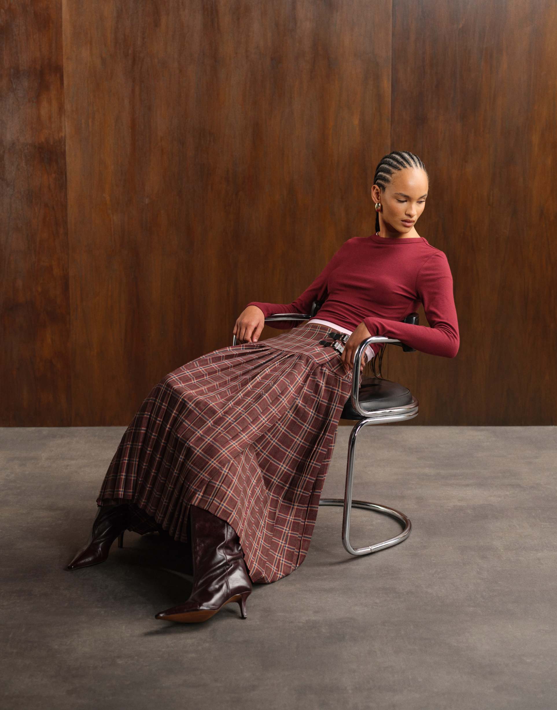 asos design buckle detail pleated kilt midi skirt in brown check