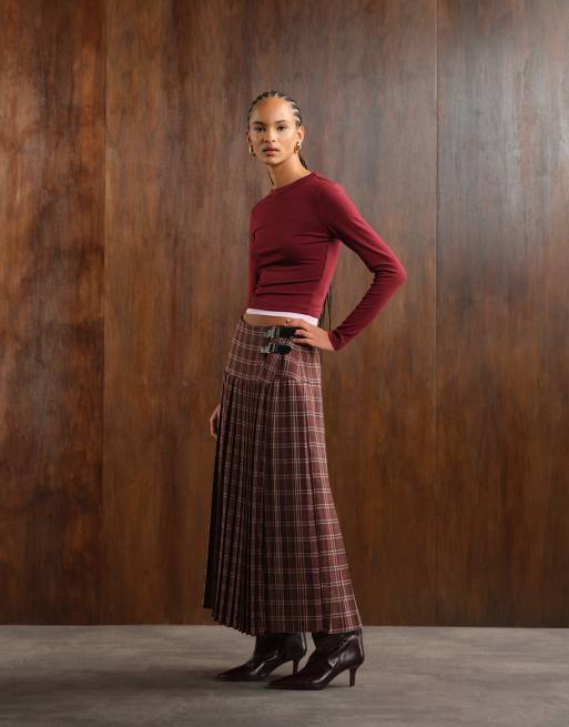 ASOS DESIGN buckle detail pleated kilt midi skirt in brown check