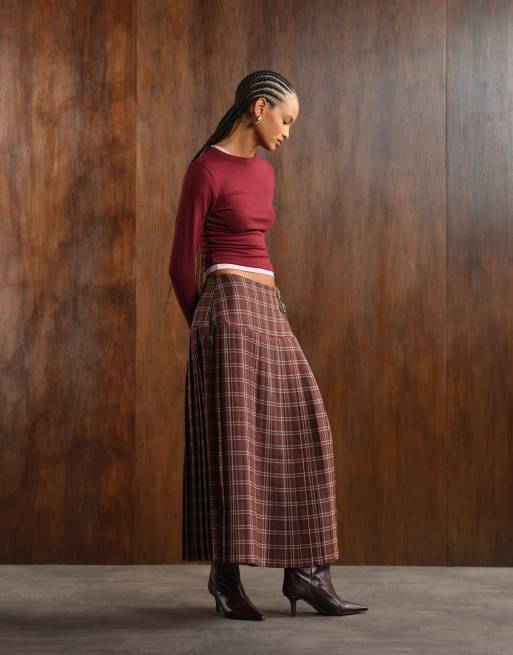 ASOS DESIGN buckle detail pleated kilt midi skirt in brown check