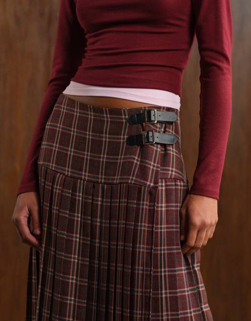ASOS DESIGN buckle detail pleated kilt midi skirt in brown check