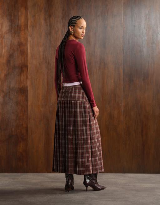 ASOS DESIGN buckle detail pleated kilt midi skirt in brown check, 5 of 5
