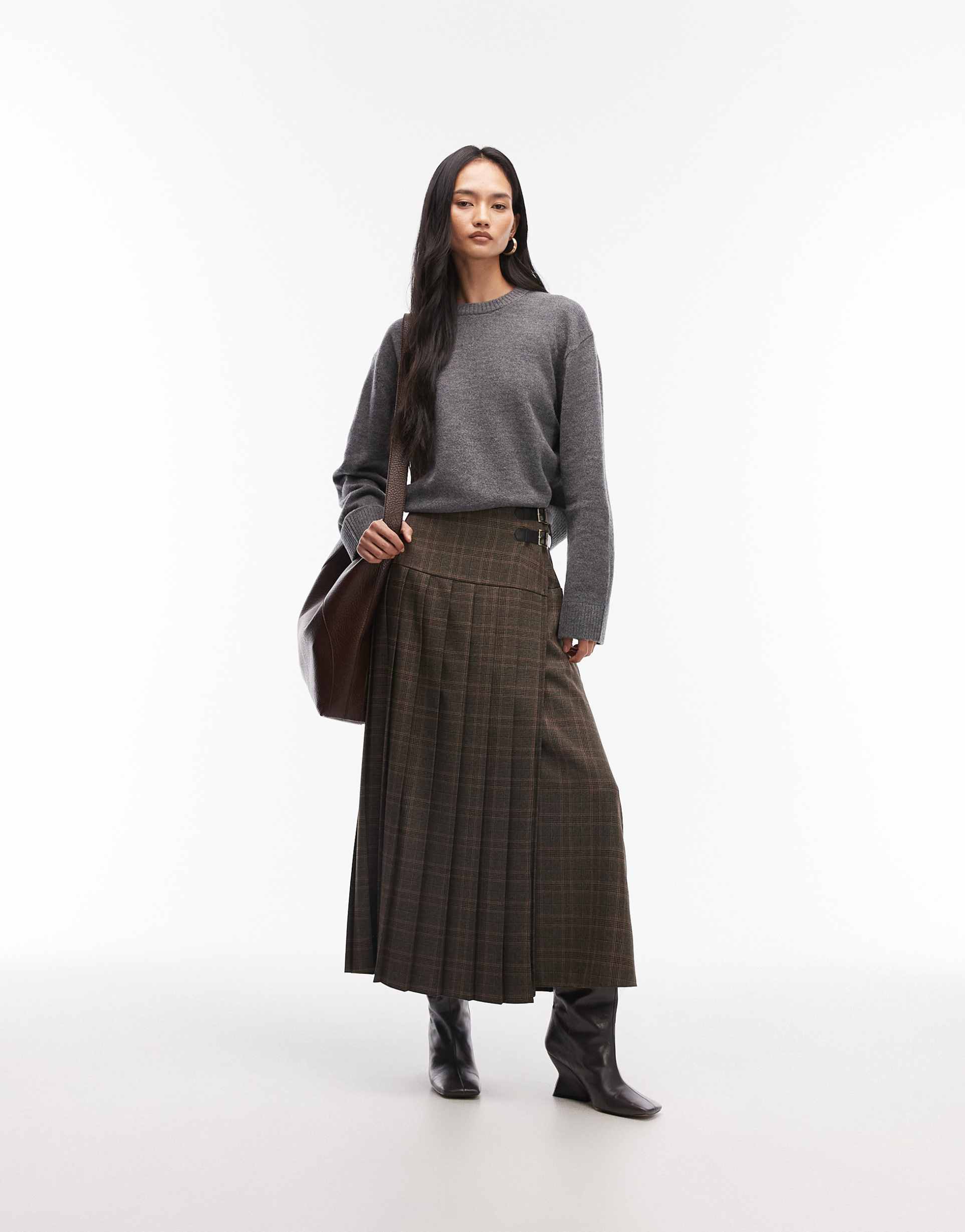 asos design buckle detail pleated kilt midi skirt in brown check