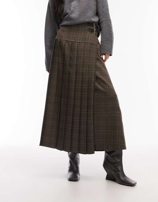 ASOS DESIGN buckle detail pleated kilt midi skirt in brown check, 2 of 5
