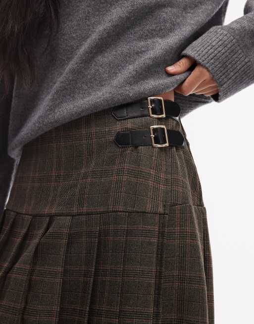 ASOS DESIGN buckle detail pleated kilt midi skirt in brown check, 3 of 5