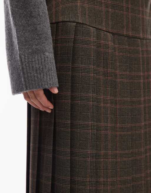 ASOS DESIGN buckle detail pleated kilt midi skirt in brown check, 5 of 5