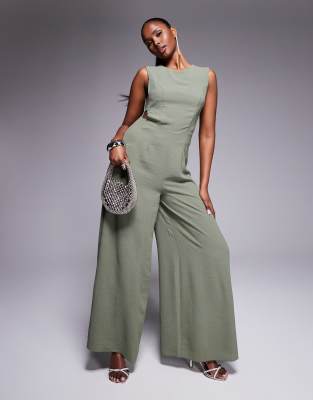 ASOS DESIGN buckle detail wide leg jumpsuit in khaki-Green