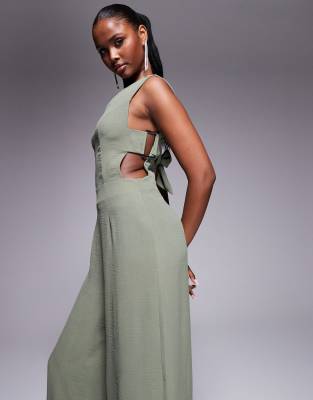 Asos Design Buckle Detail Wide Leg Jumpsuit In Green