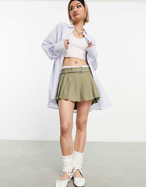 ASOS DESIGN buckle micro pleated mini skort in khaki | ASOS