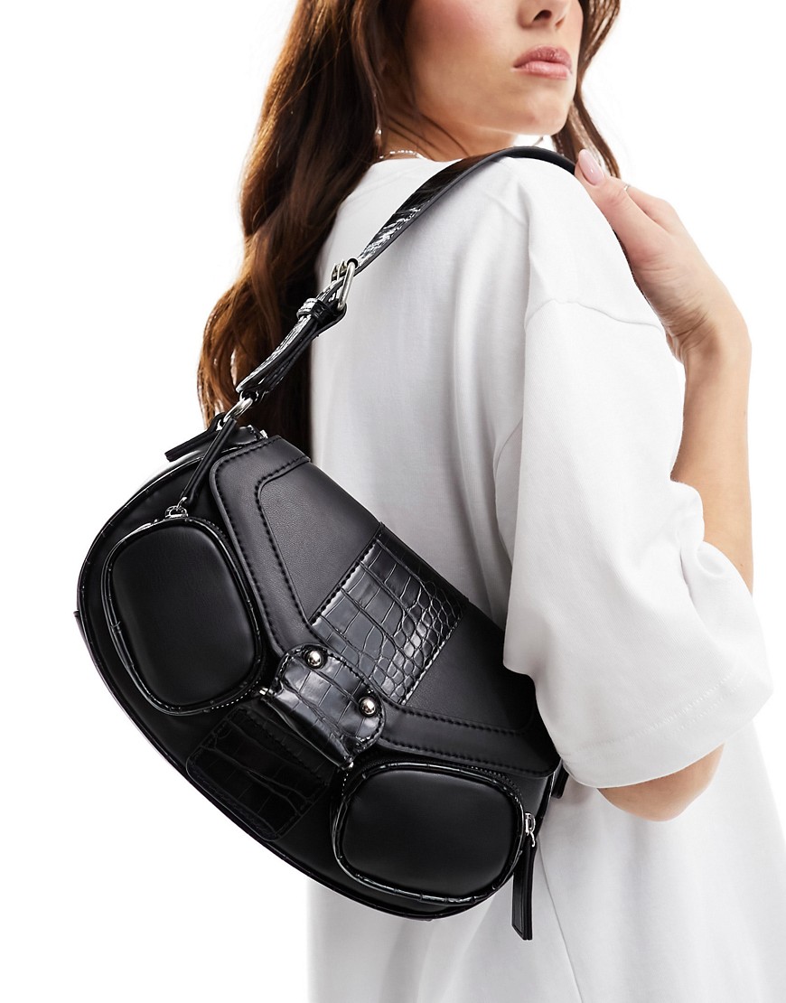 Asos Design Buckle Shoulder Bag With Pockets In Black