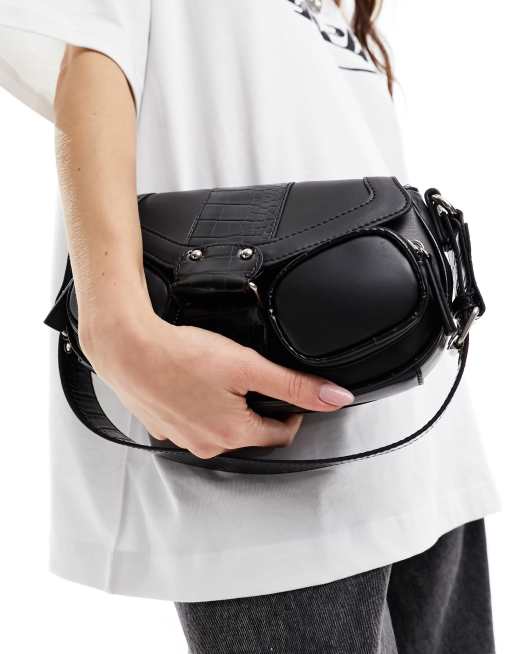 ASOS DESIGN buckle shoulder bag with pockets in black