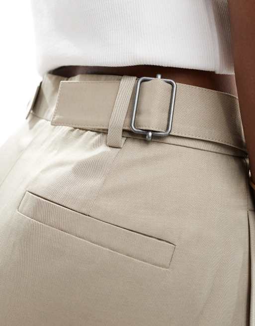 ASOS DESIGN buckle waist detail trousers in beige, 2 of 5