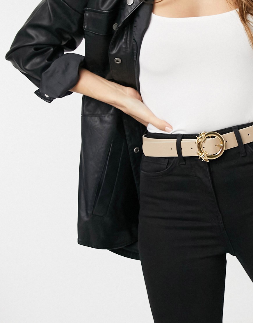 ASOS DESIGN bug detail buckle waist and hip jeans belt in beige-Neutral