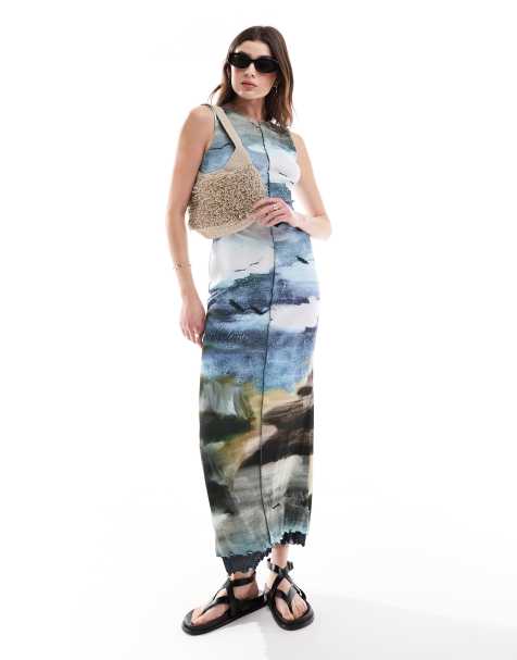 ASOS DESIGN built up mesh maxi dress with lettuce edging in landscape print - view 1