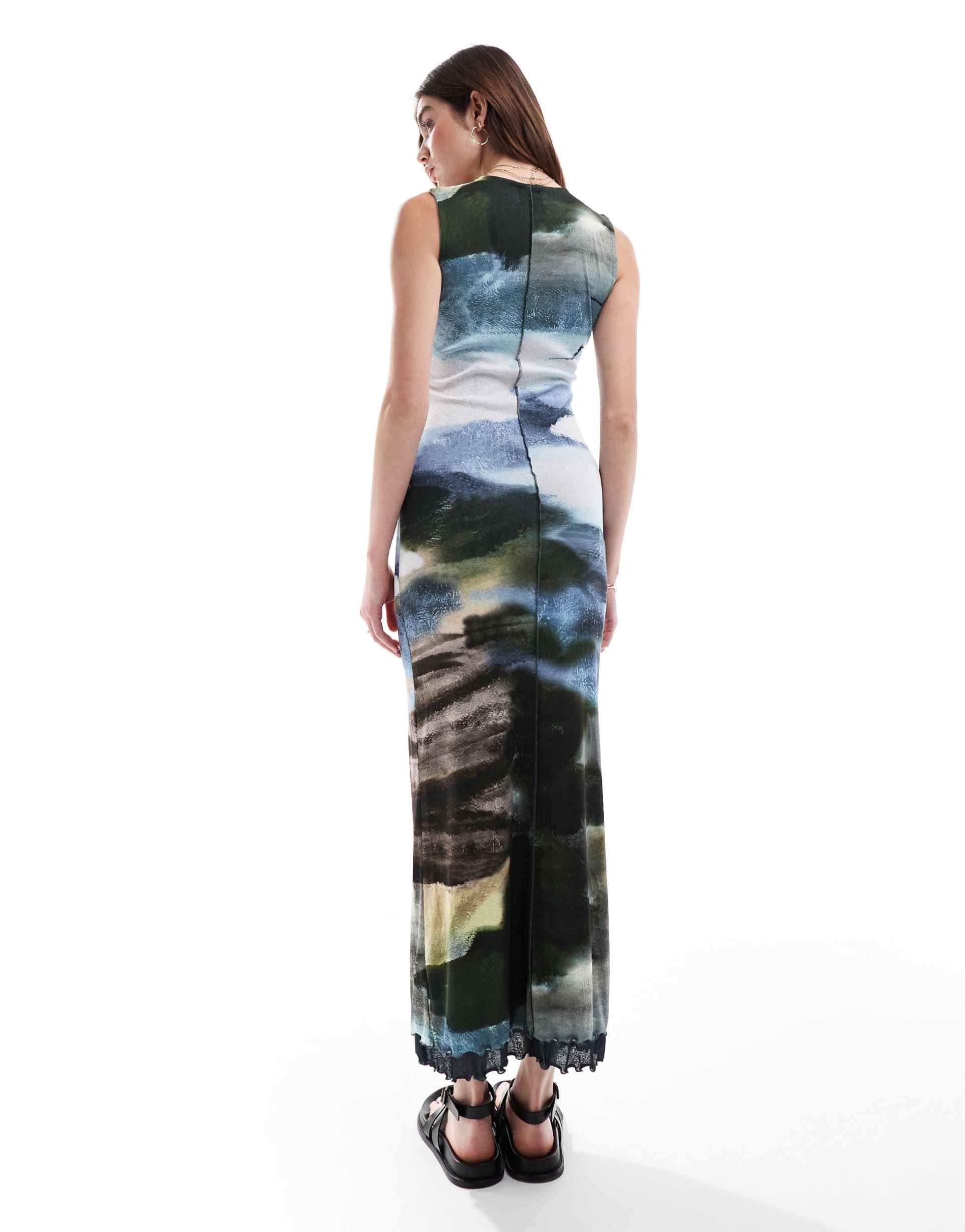 asos design built up mesh maxi dress with lettuce edging in landscape print