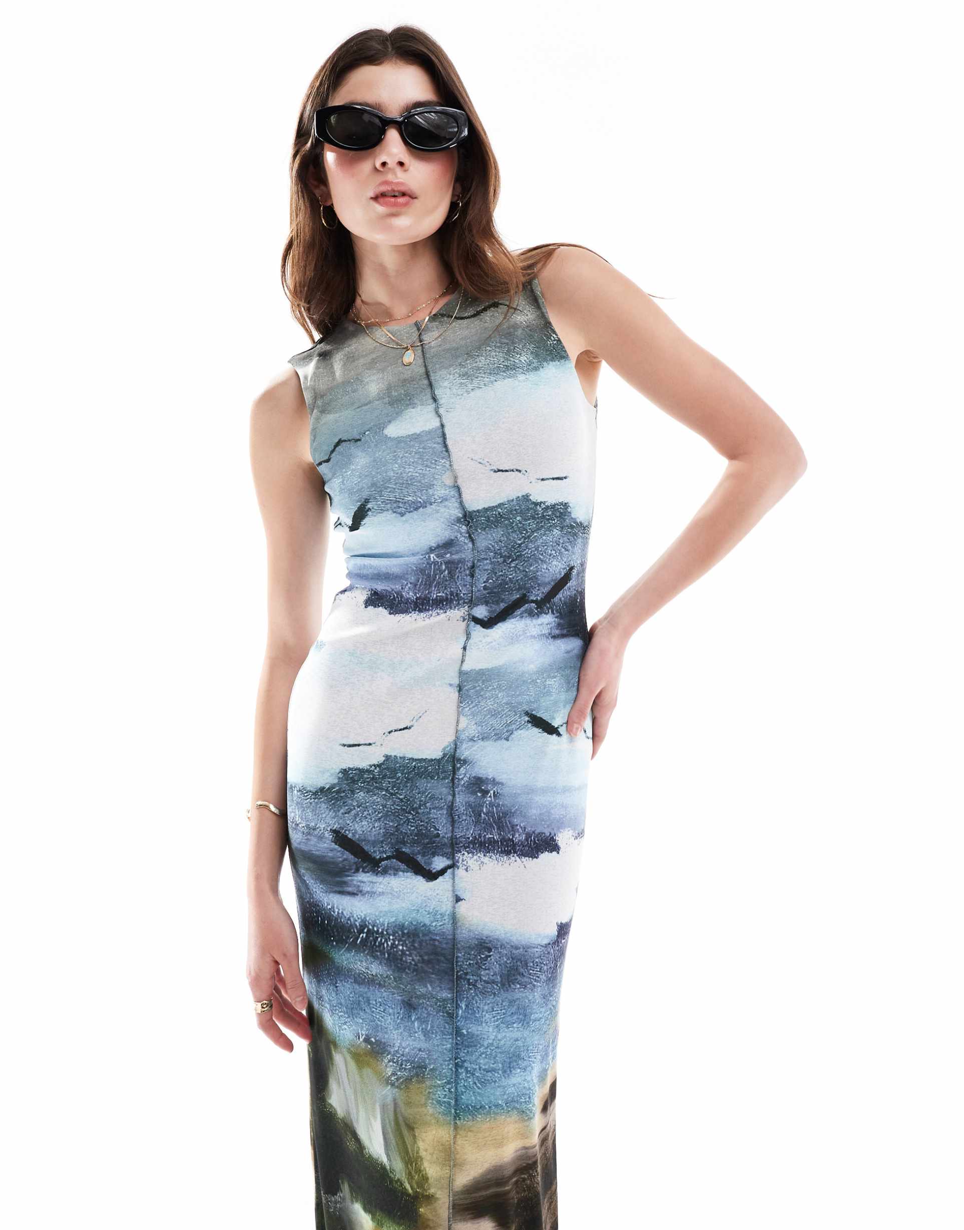 asos design built up mesh maxi dress with lettuce edging in landscape print