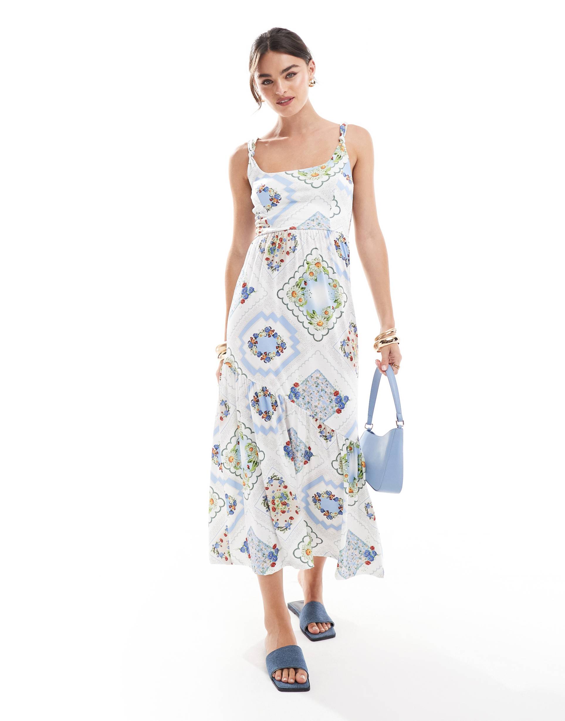 asos design built up strap square neck midi dress in blue patchwork print