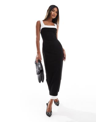 Asos Design Built Up Strap Square Neck Midi Dress In Mono-black