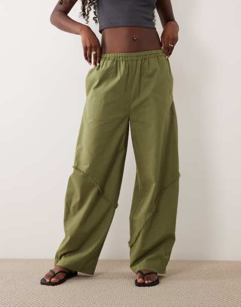 ASOS DESIGN bukser i hørblanding med elastisk talje og barrel-ben med rå sømdetalje i khaki - view 1