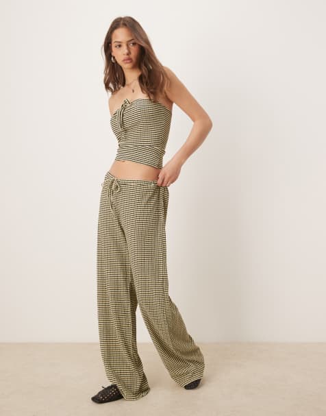 ASOS DESIGN - Bukser i sort/gult gingham-tern med brede ben - Del af sæt - view 1