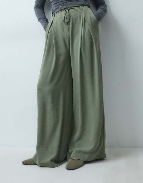 ASOS DESIGN bukser med brede ben og bindebånd i taljen i khaki, del af sæt - view 1