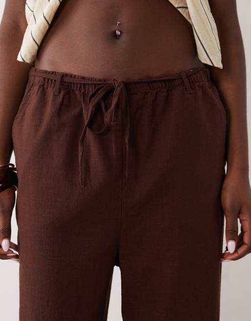 ASOS DESIGN bukser med hørlook og elastisk talje i chokolade, 4 af 5
