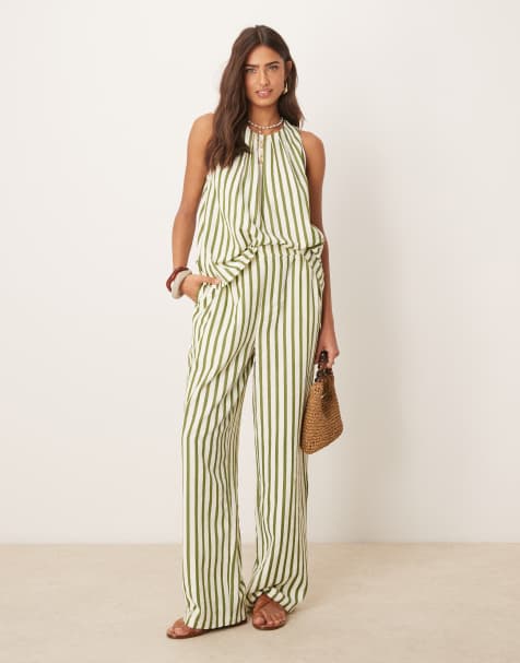 ASOS DESIGN - Bukser med kakigrønne striber og lige ben i bæk-og-bølge-stof - Del af sæt - view 1