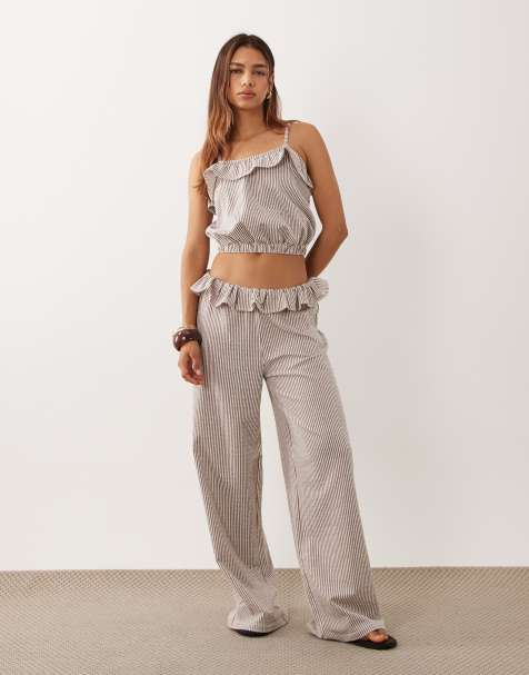 ASOS DESIGN bukser med vide ben og flæsedetalje i stribet print - view 1