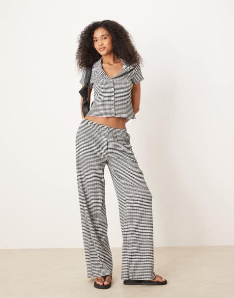 ASOS DESIGN - Bukser med vide ben og monokrome gingham-tern - Del af sæt - view 1