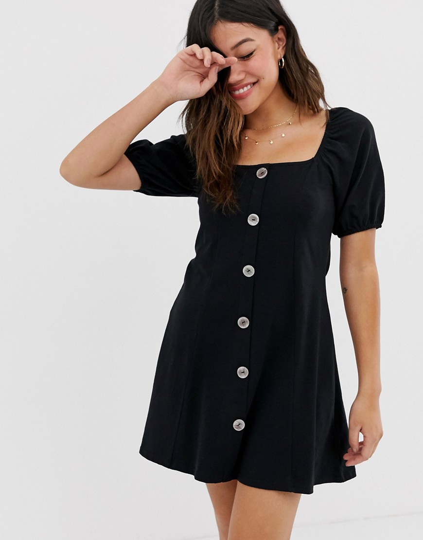 ASOS DESIGN - Bultig geweefde nette mini-jurk met imitatieschelpen als knopen-Zwart