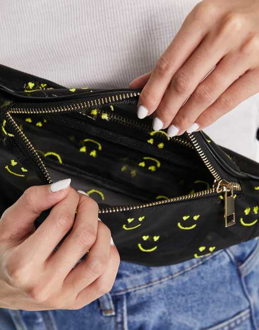ASOS DESIGN bum bag in organza with happy face embroidery in black