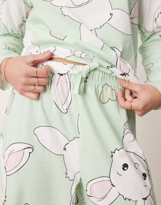 ASOS DESIGN bunny long sleeve top & pants pajama set in green