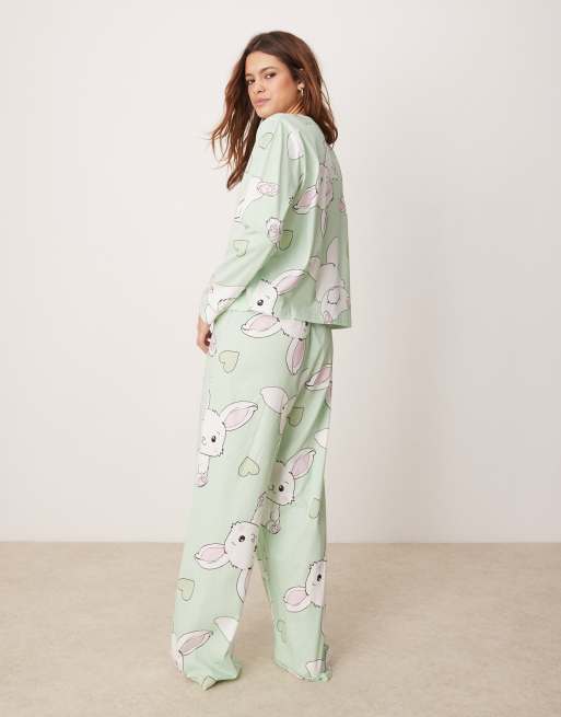 ASOS DESIGN bunny long sleeve top & pants pajama set in green