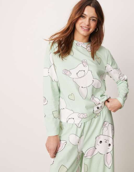 ASOS DESIGN bunny long sleeve top & pants pajama set in green