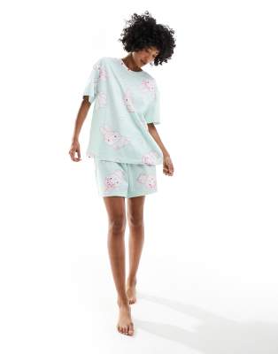 Asos Design Maternity Bunny Oversized Tee & Short Pajama Set In Green