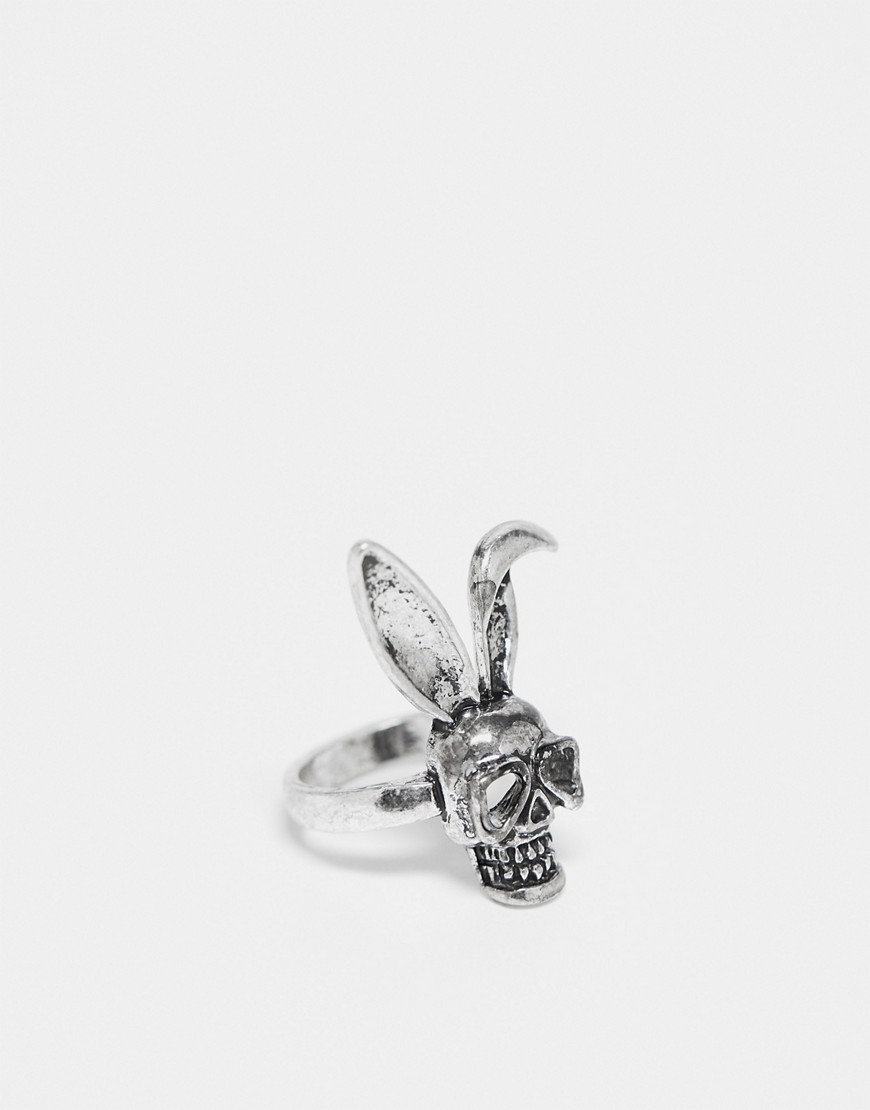 ASOS DESIGN bunny skull ring in burnished silver