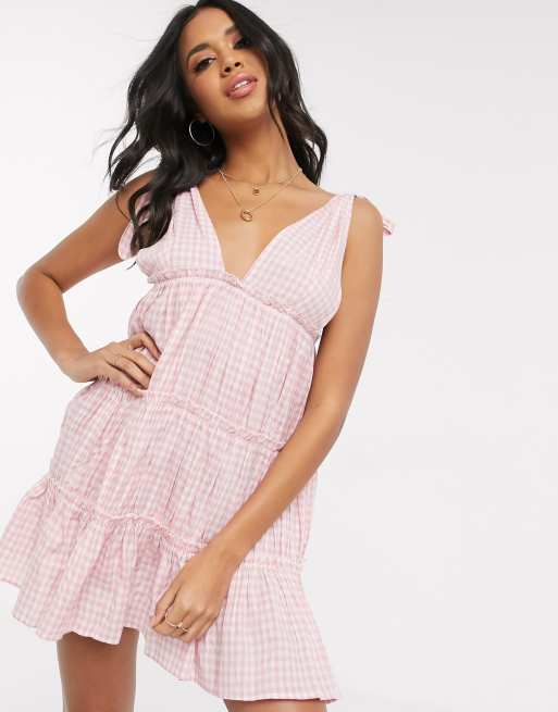 ASOS DESIGN bunny tie shoulder tiered beach dress in pink gingham print