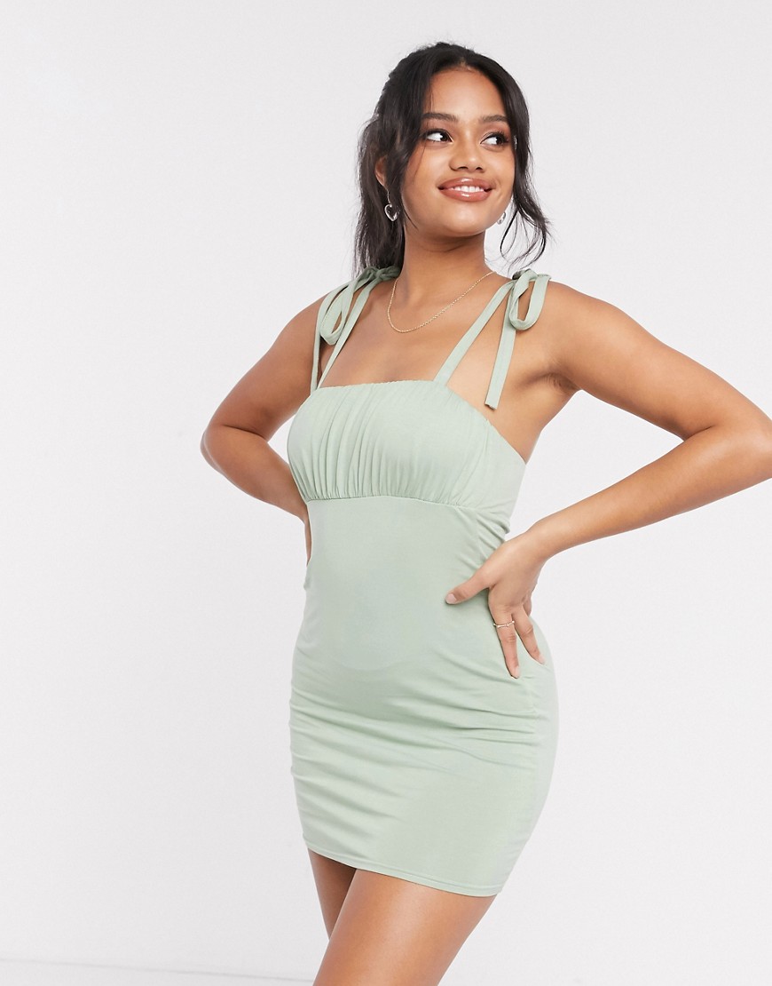 ASOS DESIGN bunny tie strap with ruched bust mini dress in misty green