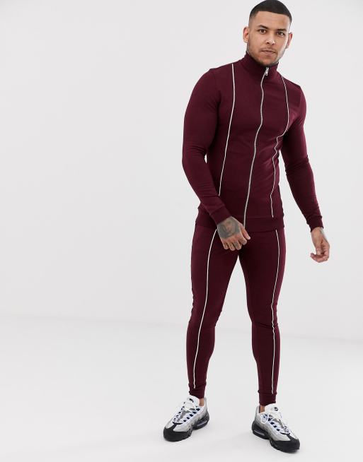 ASOS DESIGN - Burgundowa bluza o kroju podkreślającym sylwetkę i bardzo obcisłe joggersy dresowe z lamówką