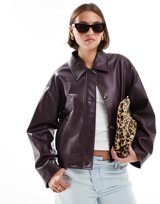 ASOS DESIGN – Burgundowa kurtka z imitacji skóry zapinana na guziki