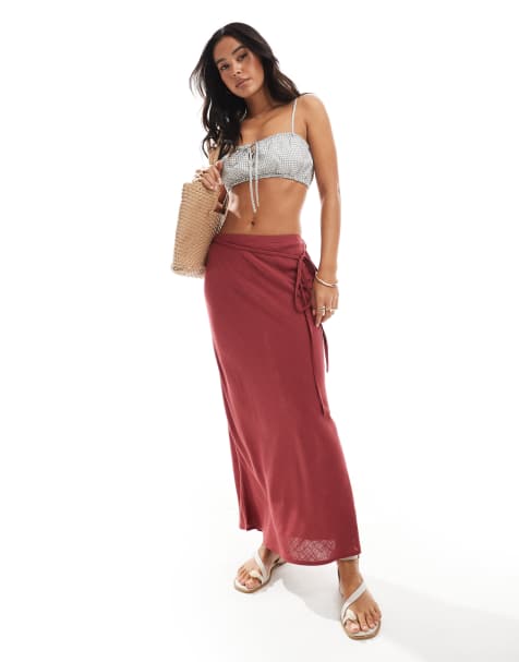 ASOS DESIGN linen blend bias maxi skirt in burgundy