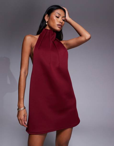 ASOS DESIGN  high neck swing mini dress with exaggerated darts in burgundy in scuba-style fabric