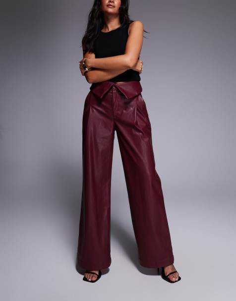 ASOS DESIGN leather look wide leg trousers with fold over waist detail in burgundy
