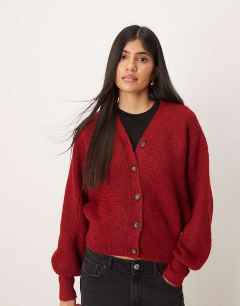 ASOS DESIGN knitted fluffy batwing cardigan in burgundy