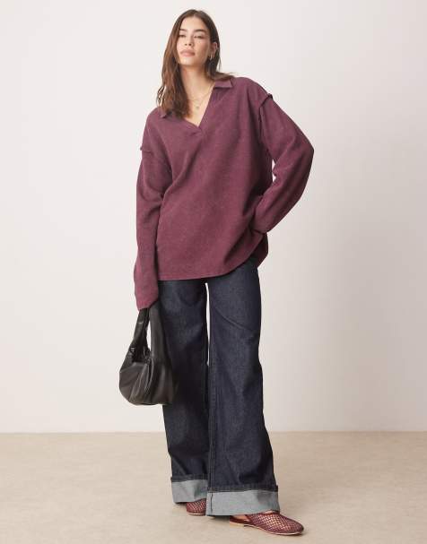 ASOS DESIGN – Burgundowy top w stylu rugby o fakturze wafla z dekoltem w szpic - view 1