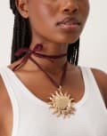 [ASOS DESIGN] ASOS DESIGN burgundy ribbon cord necklace with large sun pendant in gold tone-Red No Size BURGUNDY AND GOLD