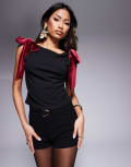 [ASOS DESIGN] ASOS DESIGN burgundy velvet bow straps boat neck top in black L Black