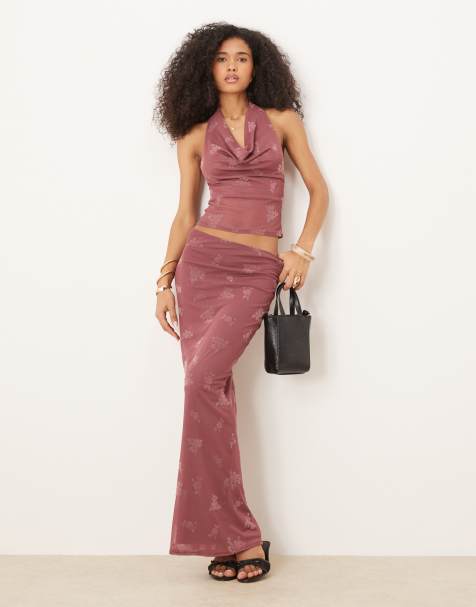 ASOS DESIGN burn out floral maxi column skirt in dusky pink