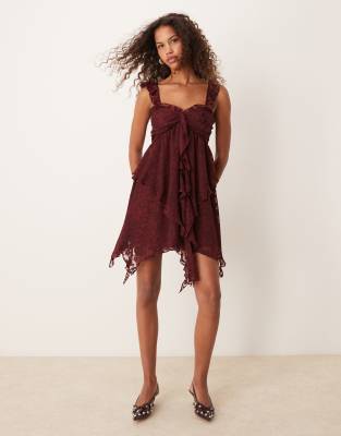 ASOS DESIGN burnout and lace tiered hanki hem mini dress with tendrils in burgundy-Green